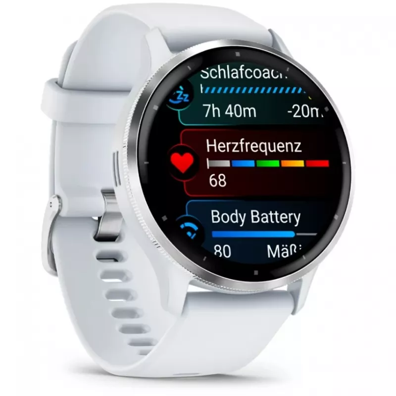 Smartwatch GARMIN Venu 3 – 1,4 Zoll AMOLED, 45 mm Gehäuse, GPS, Wi‑Fi, 8 GB, Silber/Weiß, Silikonarmband