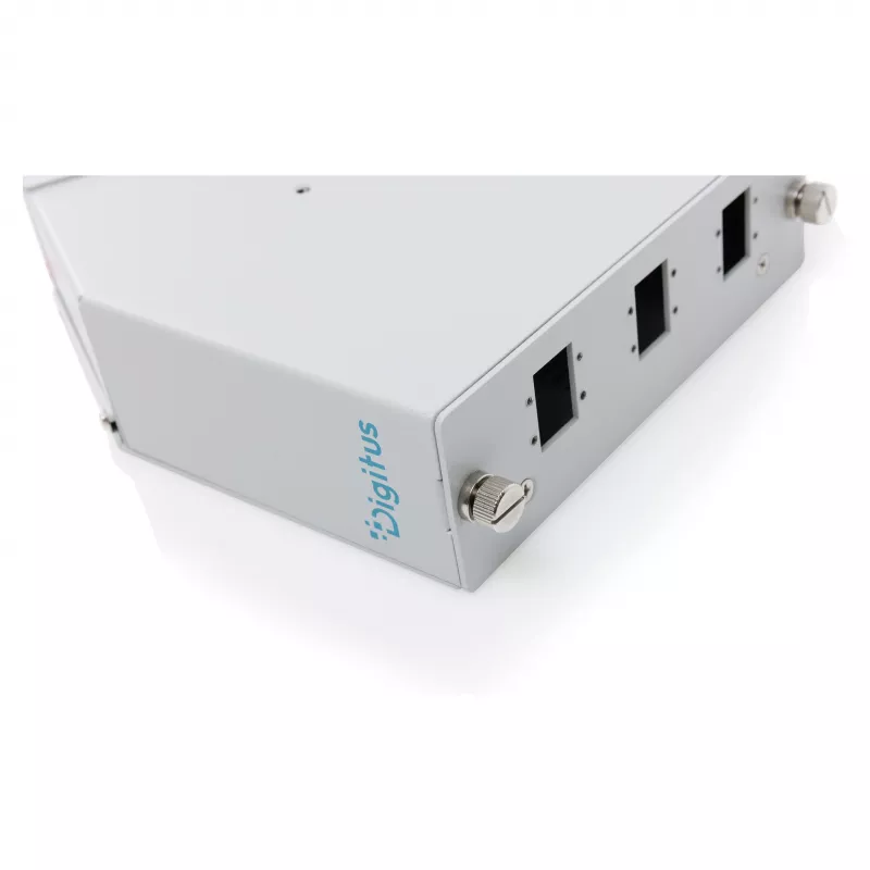 DIN-Schienen-Glasfaser-Spleißverteiler DIGITUS DN-96894 — abgewinkelt, 6 SC SX / LC DX, Aluminium, grau