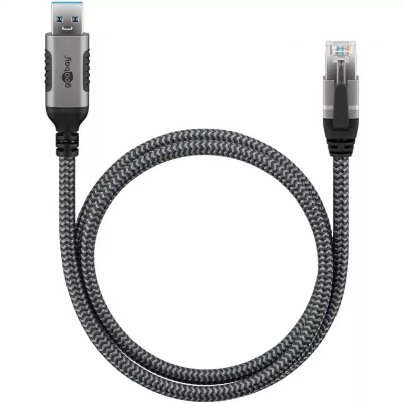 Ethernet-Kabel USB-A 3.2 Gen1 Stecker > RJ-45 Stecker, LAN-Adapter schwarz/Silber, 10 Meter, geflochtene Textilummantelung