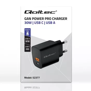 Netzteil QOLTEC 52377 GaN 30W Ausgang 5–20V für tragbare Geräte