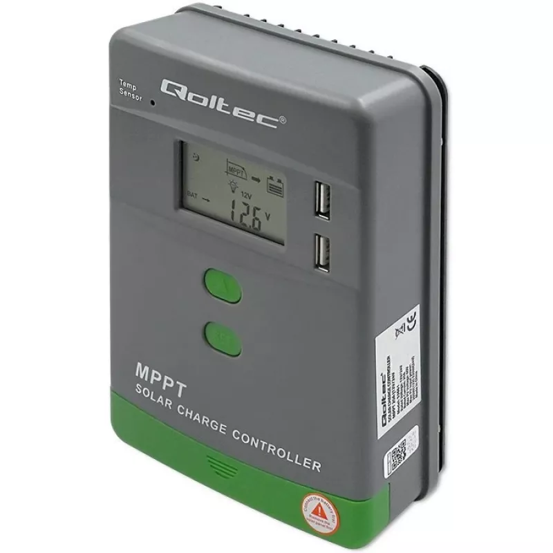 Qoltec, Solar-MPPT-Laderegler mit Temperatursensor 20A 12V/24V Display LCD 2 X USB
