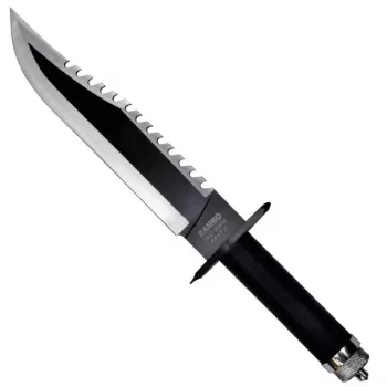 Feststehendes Überlebensmesser Cinema Classic CC-H2 — 400 mm Gesamtlänge, 250 mm Stahlklinge, glatt und gezahnt, schwarzer Griff, inklusive Lederscheide