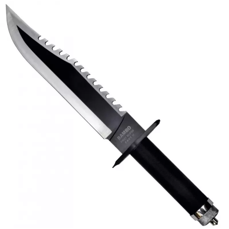 Feststehendes Überlebensmesser Cinema Classic CC-H2 — 400 mm Gesamtlänge, 250 mm Stahlklinge, glatt und gezahnt, schwarzer Griff, inklusive Lederscheide