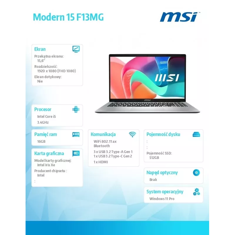 Notebook Modern 15 F13MG-443PL WIN11PRO/Raptor Lake i5-1334U/16GB/512SSD/IrisXe/15.6''/3Y