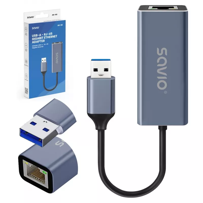 Netzwerkschnittstellenadapter SAVIO AK-83 USB Typ-A auf RJ-45 Stecker, 5 Gbit/s, schwarz
