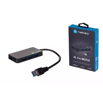 USB-Hub NATEC Moth 4-Port USB 3.2 Gen 1 Typ-A (5000 Mbit/s), USB-gespeist, schwarz, 0,15 m Kabel