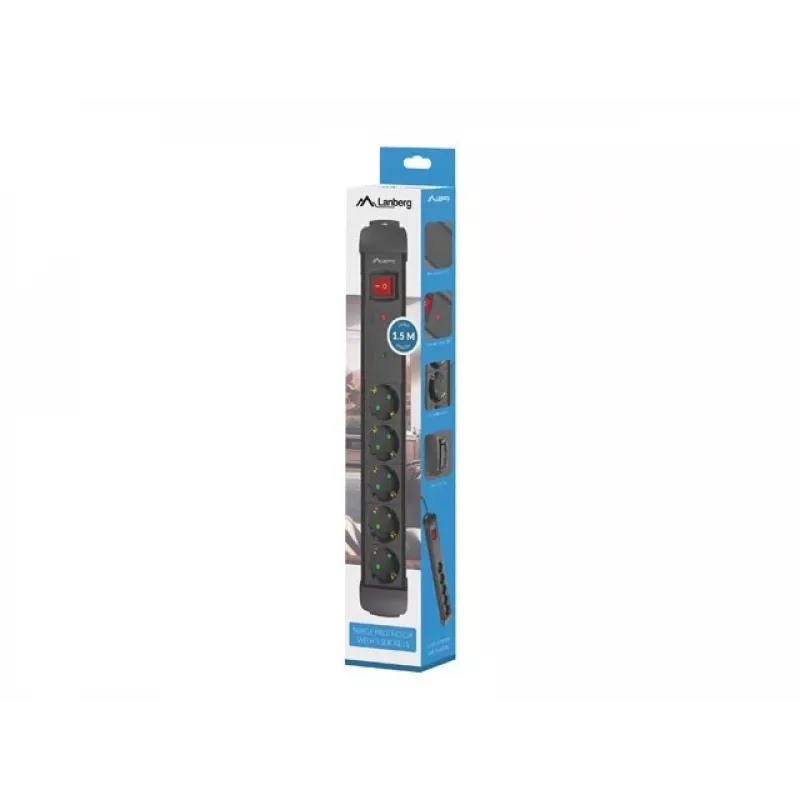 Steckdosenleiste Lanberg SP1-05F-0150-BK 1,5 m 5 AC-Anschlüsse Innenbereich Schwarz