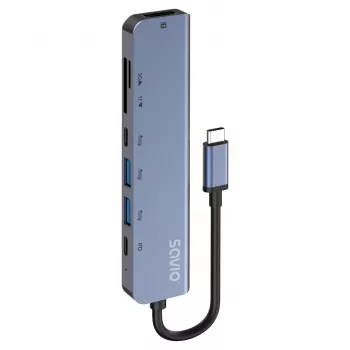 USB Typ-C Hub SAVIO AK-82 mit HDMI, MicroSD, USB 3.2 Gen1, PD-Durchgang, 4K@30Hz, 5000 Mbit/s, schwarz