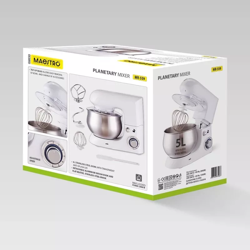 Planetenrührer Maestro MR-559 Standmixer, 5,0 L Edelstahlschüssel, 2000 W, 6 Geschwindigkeiten, Drehregler