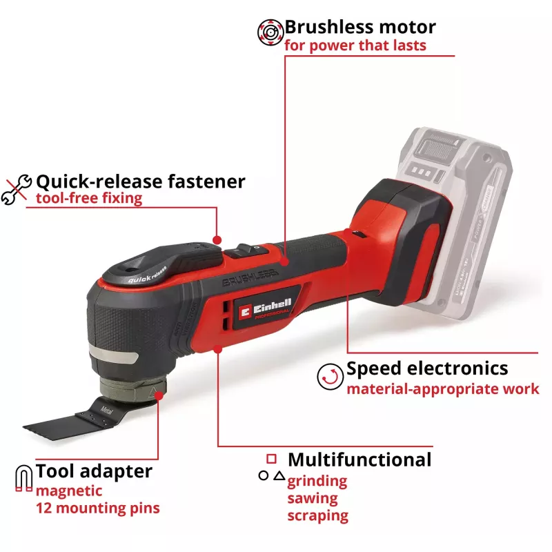 Multi-tool EINHELL TP-MG 18 Li BL Solo — 18V Li‑Ion, Schleifen, Schmirgeln, Sägen, 1,08 kg, schwarz/rot