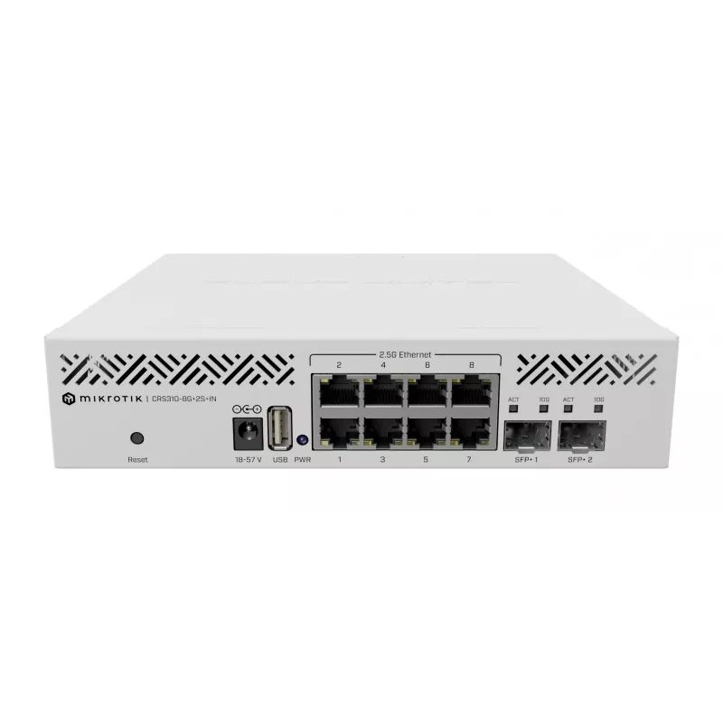 Verwalteter L3-Switch MikroTik CRS310-8G+2S+IN — 8× 2.5G RJ-45, 2× SFP+, PoE, 1U-Rackmontage, Weiß