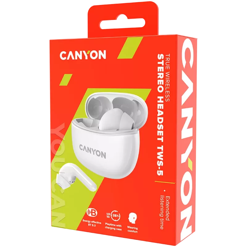 Canyon TWS-5 Bluetooth-Kopfhörer, mit Mikrofon, BT V5.3 JL 6983D4, Frequenzgang: 20Hz-20kHz, Akku Ohrhörer 40mAh*2 + Ladecase 500mAh, Typ-C