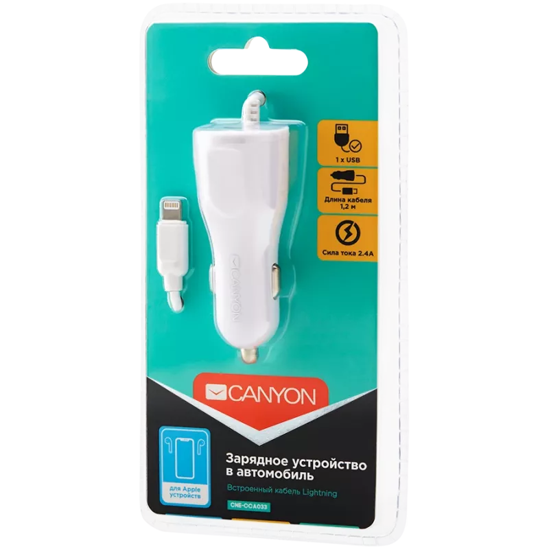 CANYON Kfz-Ladegerät C-033 2,4A/USB-A mit integriertem Lightning-Anschluss Weiß