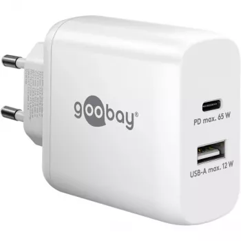 USB-C Dual-Schnellladegerät, PD, GaN, 65 Watt (Weiß, 1x USB-C, 1x USB-A, Power Delivery)