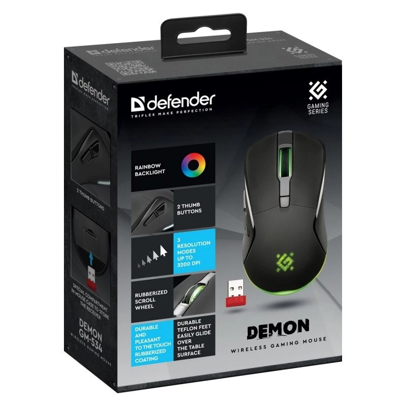 Kabellose Gaming-Maus DEFENDER Demon GM-534 RF, beidhändig, 3200 DPI, 5 Tasten, 2,4 GHz USB-A Nano-Empfänger