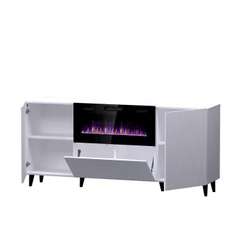 Kommode mit elektrischem Kamin Cama Meble PAFOS, 180 x 42 x 82 cm, Weiß matt, 1400–1600 W, grifflos, 3 Türen, 2 Einlegeböden