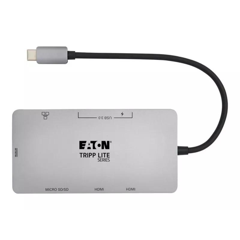Eaton Tripp Lite USB-C Dock, Dual Display - 4K 60 Hz HDMI, USB 3.2 Gen 1, USB-A Hub, GbE, Speicherkarte, 100W PD-Ladefunktion, Grau - Dockingstation - USB-C - 2 x HDMI - 1GbE (U442-DOCK
