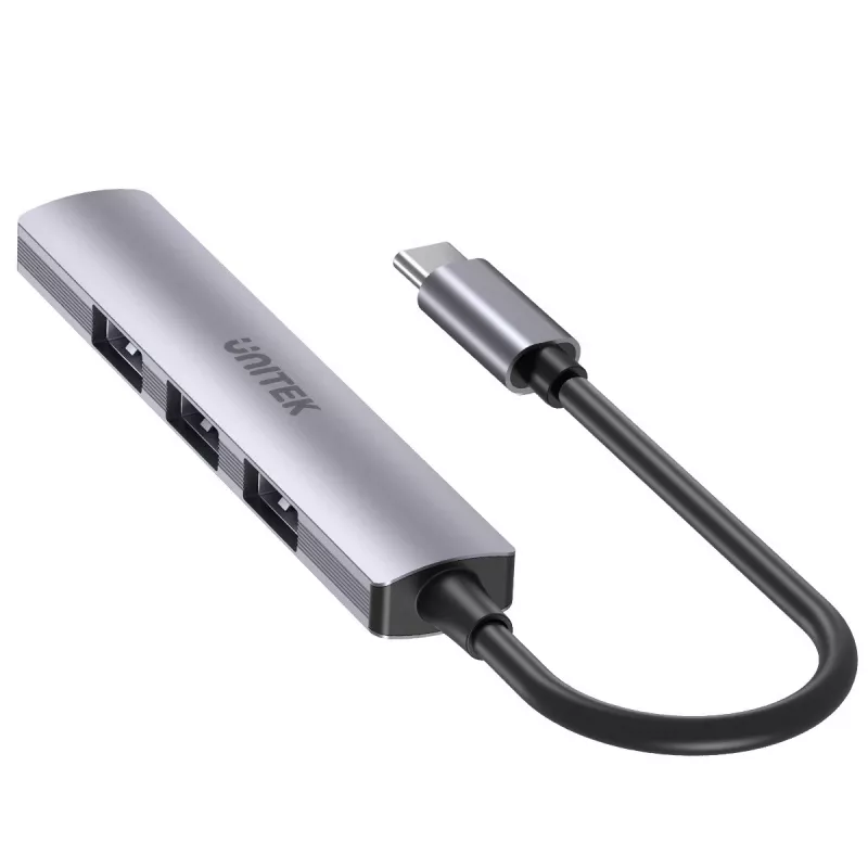 USB-C-Hub Unitek H1208B — 1x USB-A 5 Gbit/s, 3x USB-A 2.0, USB-C-Host, Aluminiumgehäuse, 0,20 m Kabel