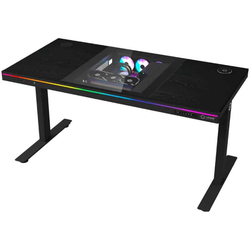 Dual-Motor-Sitz-/Steh-Höhenverstellbarer Gaming-Tisch mit integriertem PC-Gehäuse, kabellosem Ladegerät, RGB-Beleuchtung, Bedienfeld und USB-Anschlüssen, PB-Melamin-Tischplatte, schwarz