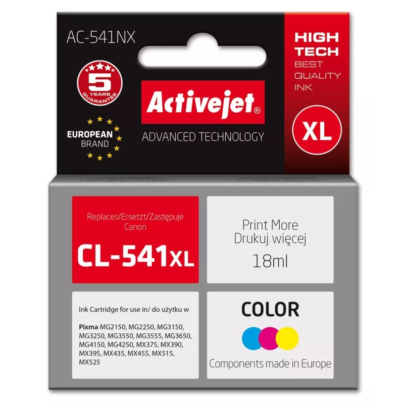 Activejet AC-541NX Tinte für Canon Drucker (Ersatz für Canon CL-541XL) Supreme, 18 ml, Cyan, Gelb, Magenta