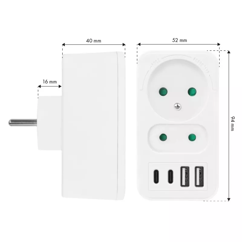 Power-Splitter MACLEAN MCE249 F/W – 2x Netzsteckdosen (16A + 6A) und 4x USB (2x A, 2x C PD 20W)