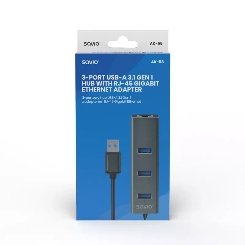 SAVIO USB-A-Hub mit RJ-45 Gigabit Ethernet AK-57 — 3× USB-A + RJ-45, USB 3.2 Gen 1 Micro‑B Host, 5 Gbit/s, 4 Ports, grau