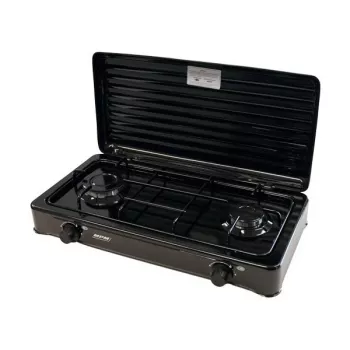 Mpm Kn-02/1kb tragbarer Gaskocher Camping 2 Brenner emailliertes Rost Schutzdeckel Standard G30-37 Mbar schwarz