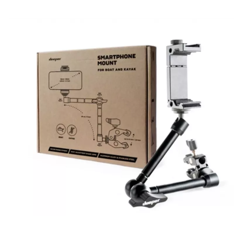 Smartphone-Halterung deeper ITGAM0026 für Kajak und Boot – Aluminium, einstellbarer Winkel, C-Klemme bis 41 mm, Telefonabstand 65–95 mm