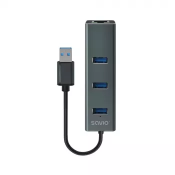 SAVIO USB-A-Hub mit RJ-45 Gigabit Ethernet AK-57 — 3× USB-A + RJ-45, USB 3.2 Gen 1 Micro‑B Host, 5 Gbit/s, 4 Ports, grau