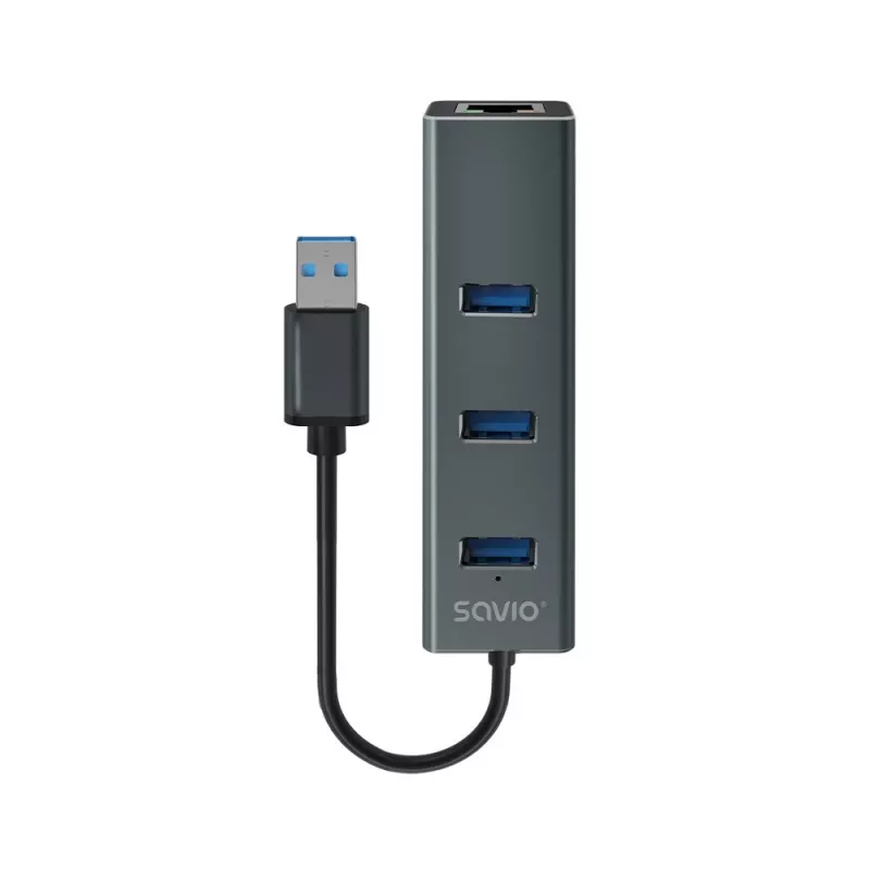 SAVIO USB-A-Hub mit RJ-45 Gigabit Ethernet AK-57 — 3× USB-A + RJ-45, USB 3.2 Gen 1 Micro‑B Host, 5 Gbit/s, 4 Ports, grau