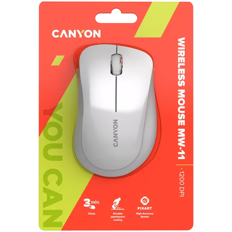 CANYON MW-11, 2,4 GHz kabellose Maus, mit 3 Tasten, DPI 1200, Batterie:AAA*2 Stück, perlweiß grau 67*109*38 mm 0,063 kg