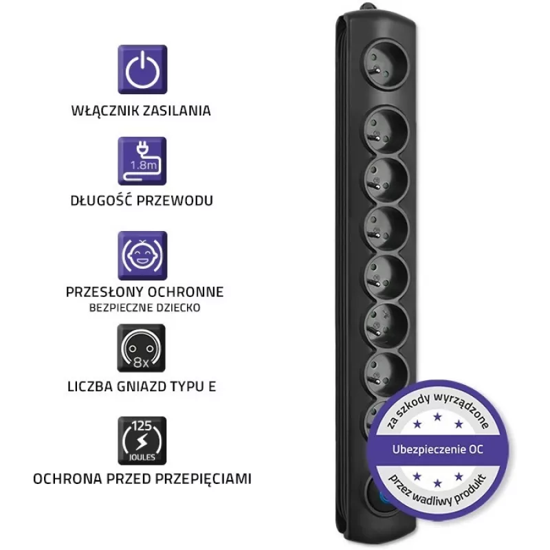 Überspannungsschutz Qoltec 50113 Schwarz 8 AC-Ausgänge 230 V 1,8 m