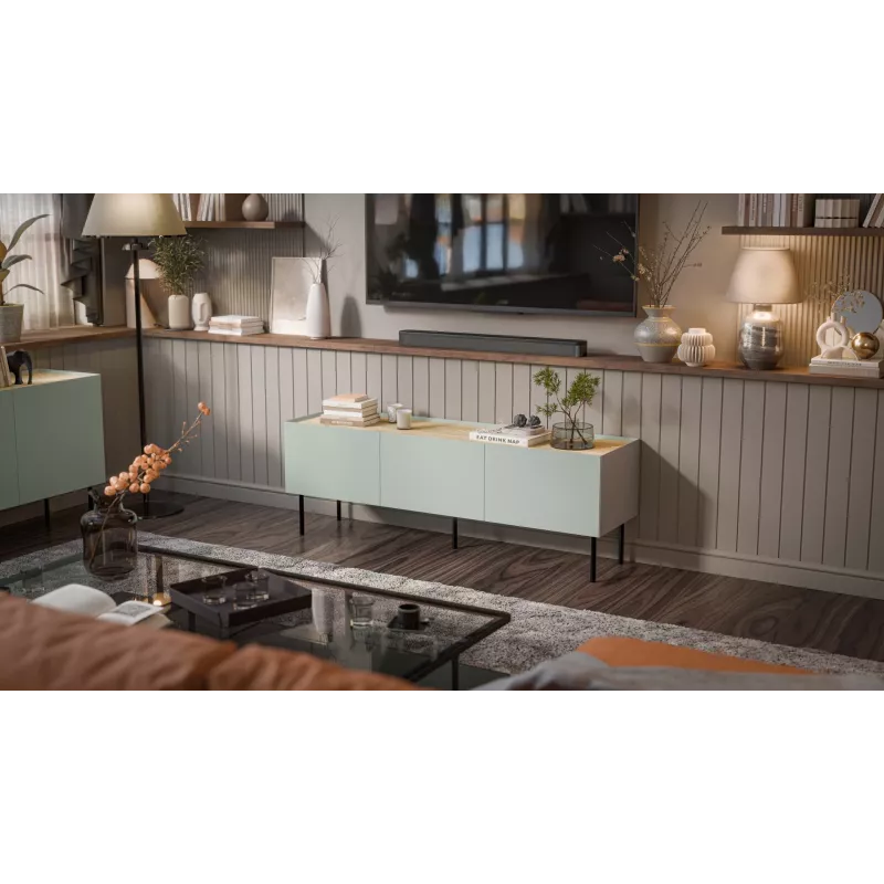Cama FELLINI TV-Schrank 150x40x52 olivgrün + geölte Eichenplatte