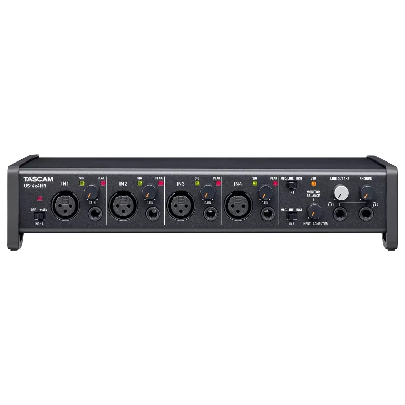 Audio-Interface Tascam US-4X4HR – 4x XLR-Combo, 4 analoge Ausgänge, 56 dB Mikrofonvorverstärker, 192 kHz, USB 2.0, Desktop, Schwarz