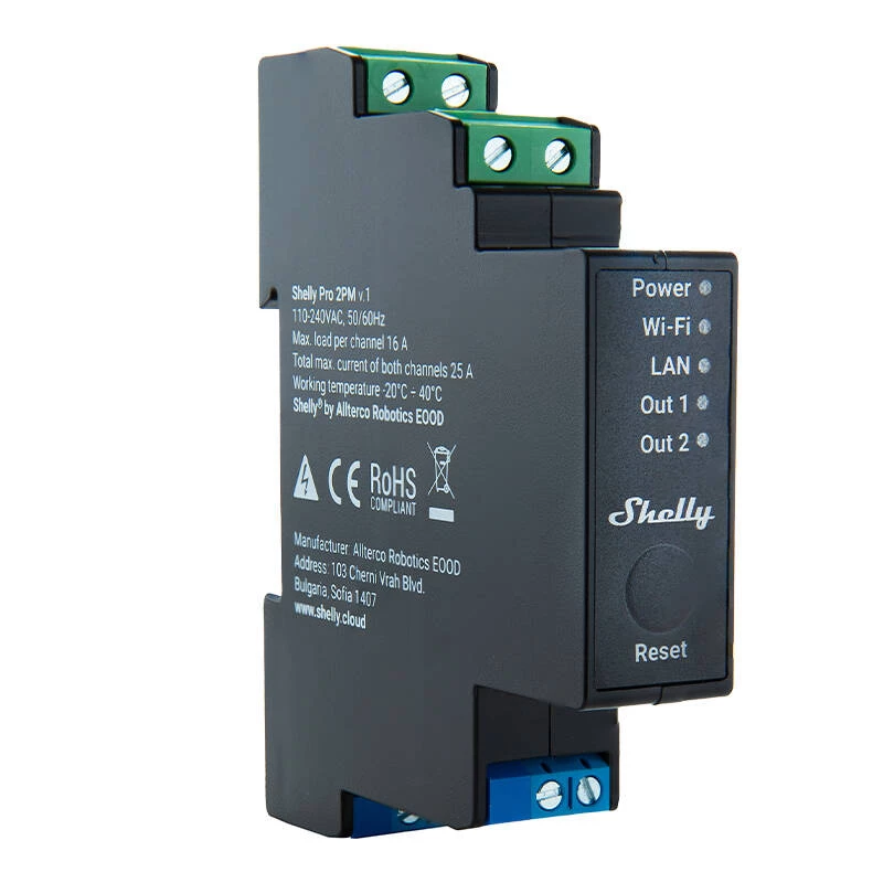 Pro 2PM, 25A, Wi-Fi, LAN und Bluetooth 2-Kanal Smart Relais mit Energiemessung, Hausautomation