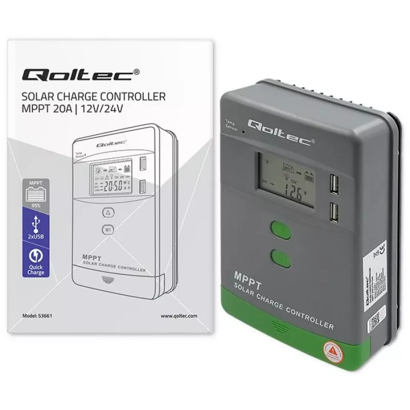 Qoltec, Solar-MPPT-Laderegler mit Temperatursensor 20A 12V/24V Display LCD 2 X USB