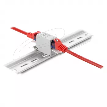 Netzwerk-RJ45-Kupplung DELOCK Cat.6A Dual-Buchse-auf-Buchse für DIN-Schienen-Montage, grau