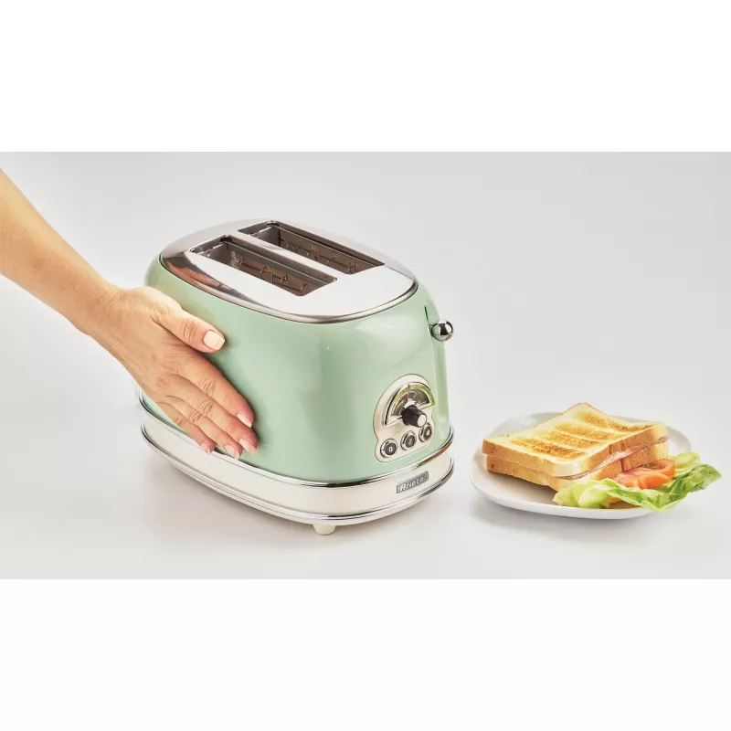 Ariete 155 Design 2-Scheiben-Toaster mit Sandwichkörben, 6 Bräunungsstufen, 810 W, Edelstahlgehäuse, herausnehmbare Krümelschublade, Pastellgrün