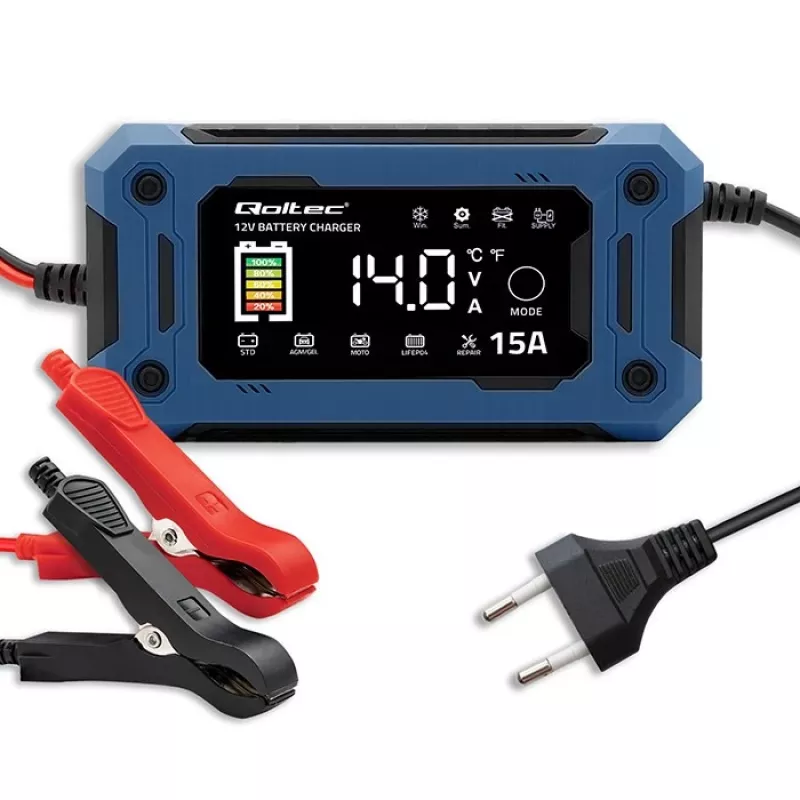 Intelligentes 12V 15A Ladegerät QOLTEC mit Mikroprozessor und LCD — für AGM-, GEL-, SLA-, EFB-, LiFePO4-Batterien
