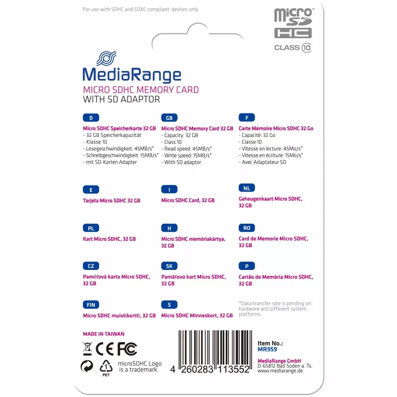 MEMORY MICRO SDHC 32GB C10/MIT ADAPTER MR959 MEDIARANGE