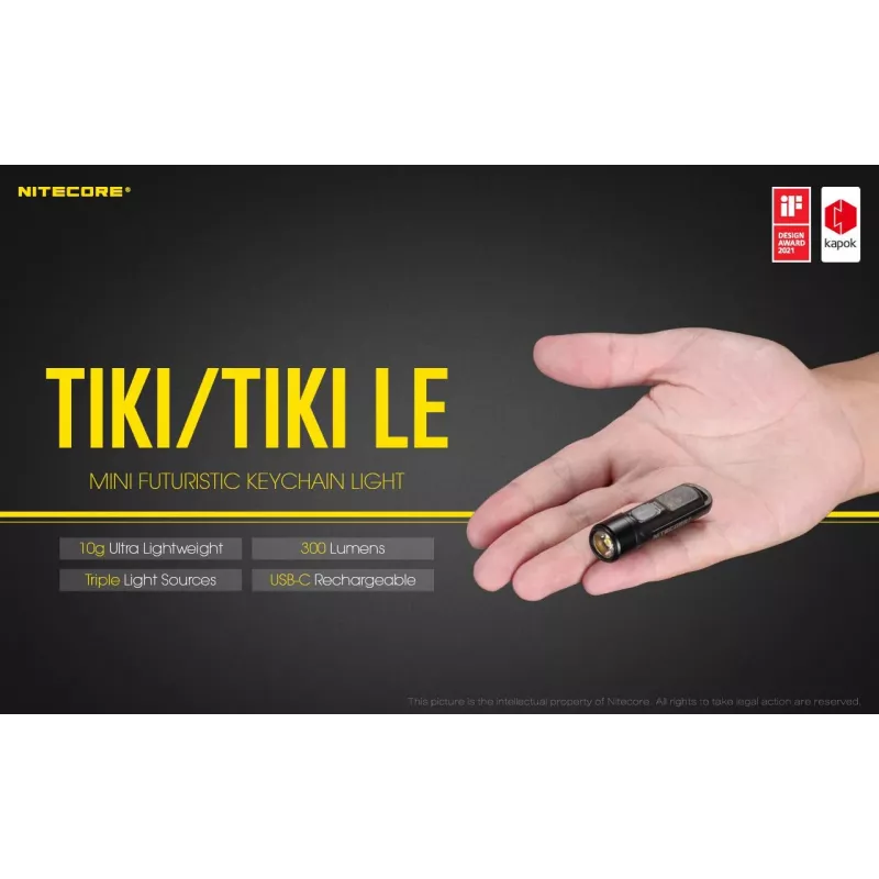Handtaschenlampe Nitecore TIKI LE — 300 lm, USB-wiederaufladbar, Polycarbonat, IP66, stoßfest, 10,5 g, 55 mm, Schwarz