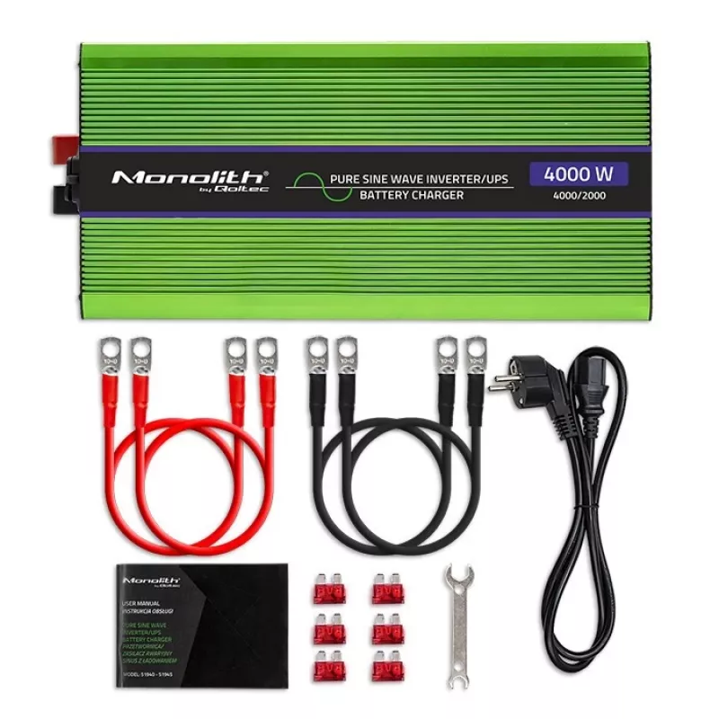 Qoltec Monolith Spannungswandler | Batterieladung | USV | 2000W | 4000W | 12V auf 230V | Reine Sinuswelle | LCD schwarz-grün