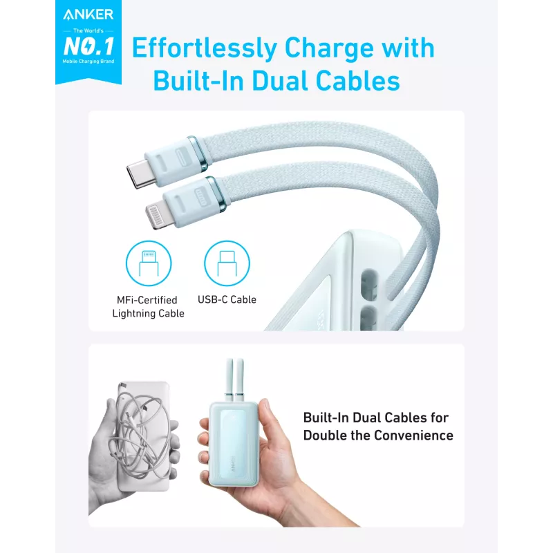 Anker Powerbank mit integriertem USB-C- und Lightning-Kabel | A1680031 | 10000 mAh | 30W | Blau
