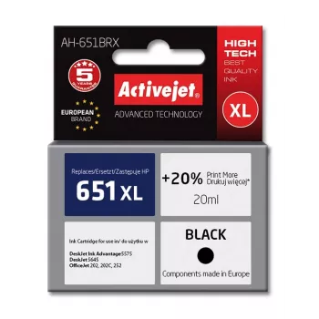 Activejet AH-651BRX Tinte (Ersatz für HP 651 C2P10AE; Premium; 20 ml; schwarz)