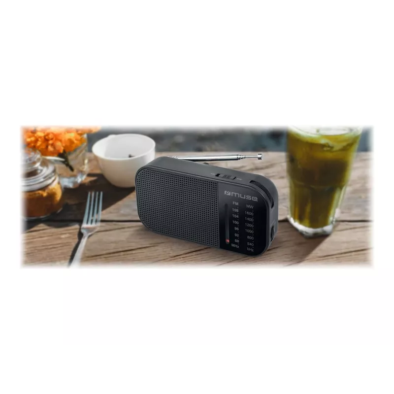 Tragbares Radio Muse M-025 R — MW/UKW, schwarz, batteriebetrieben, kompakt (32×130×70 mm)