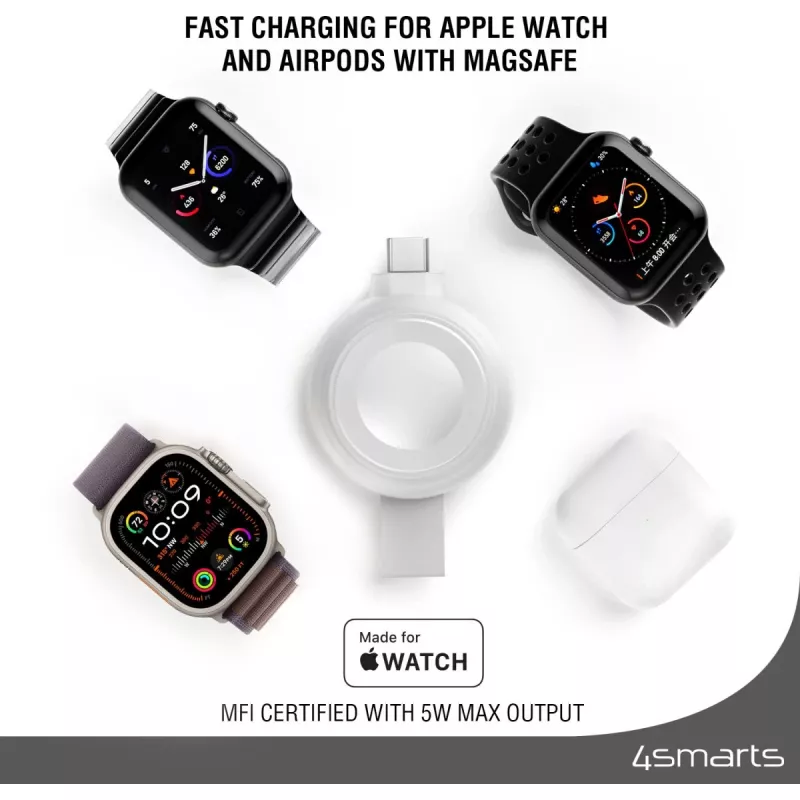 Ladegerät 4smarts QI2 Smartwatch Silber USB Kabelloses Schnellladen
