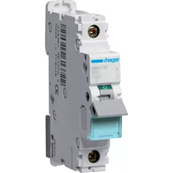 Hager NBN110. Bemessungsstrom: 10 A. Typ: B-Charakteristik, Modulanzahl (max): 1 Modul(e). Breite: 17,5 mm, Tiefe: 70 mm, Höhe: 83 mm (NBN110)