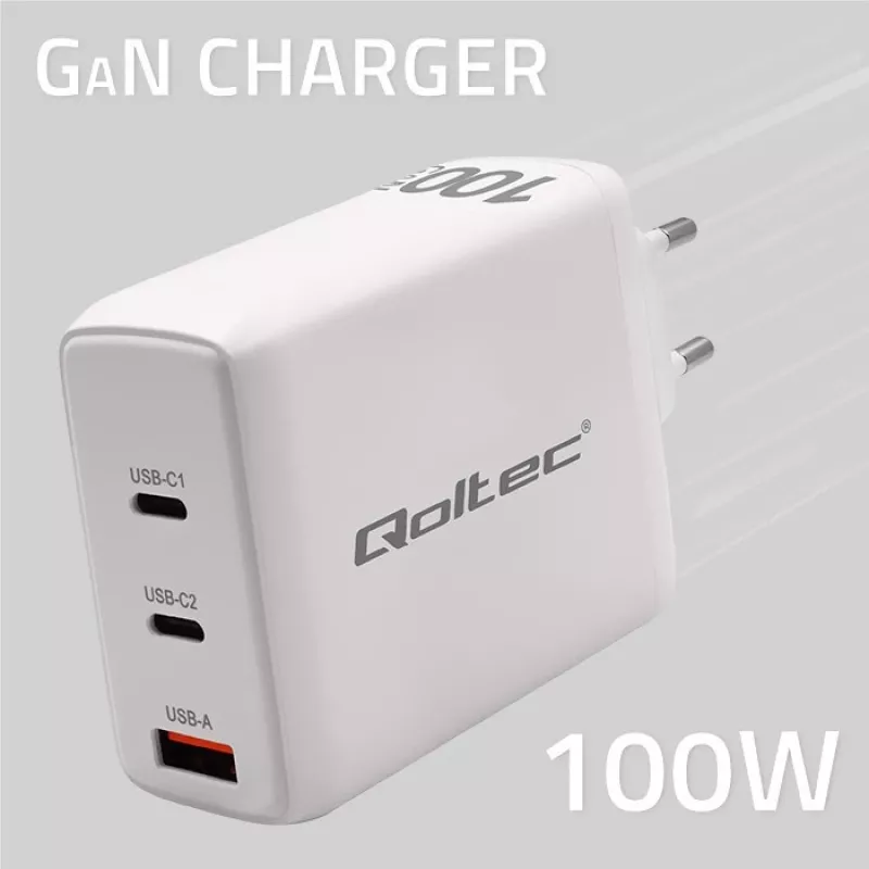 Ladegerät QOLTEC 100W GaN USB-C Dual PD 5–20V 1,5–5A, 2×USB-C