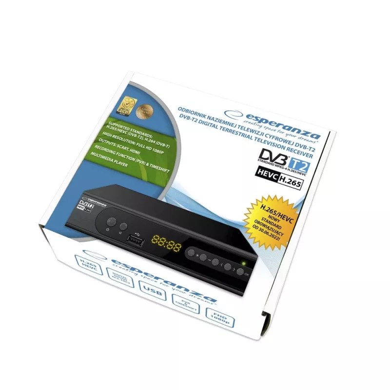 Set-Top-Box ESPERANZA EV106R Kabeltuner DVB-T2 / DVB-C HEVC H.265, HDMI, USB, PVR, Dolby Digital, 174–790 MHz, schwarz