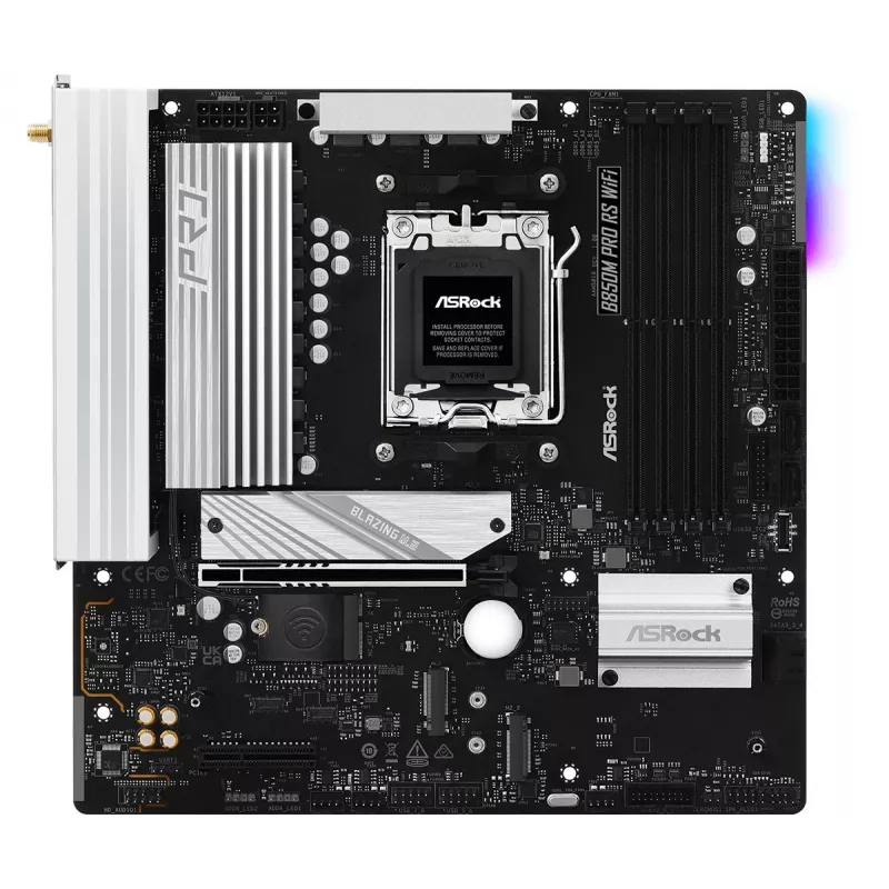 ASRock B850M Pro RS WiFi Mainboard — AMD B850, Socket AM5, microATX, DDR5, 4 DIMM, 256GB, Wi‑Fi 6E, 2.5Gb LAN, 3x M.2